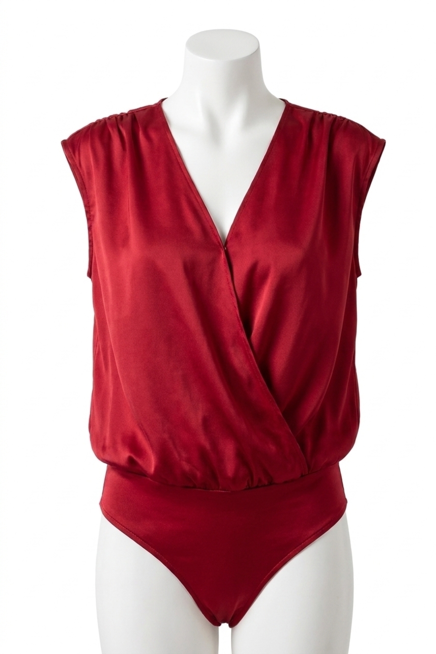 NEW EE:SOME satin v neck bodysuit top in wine